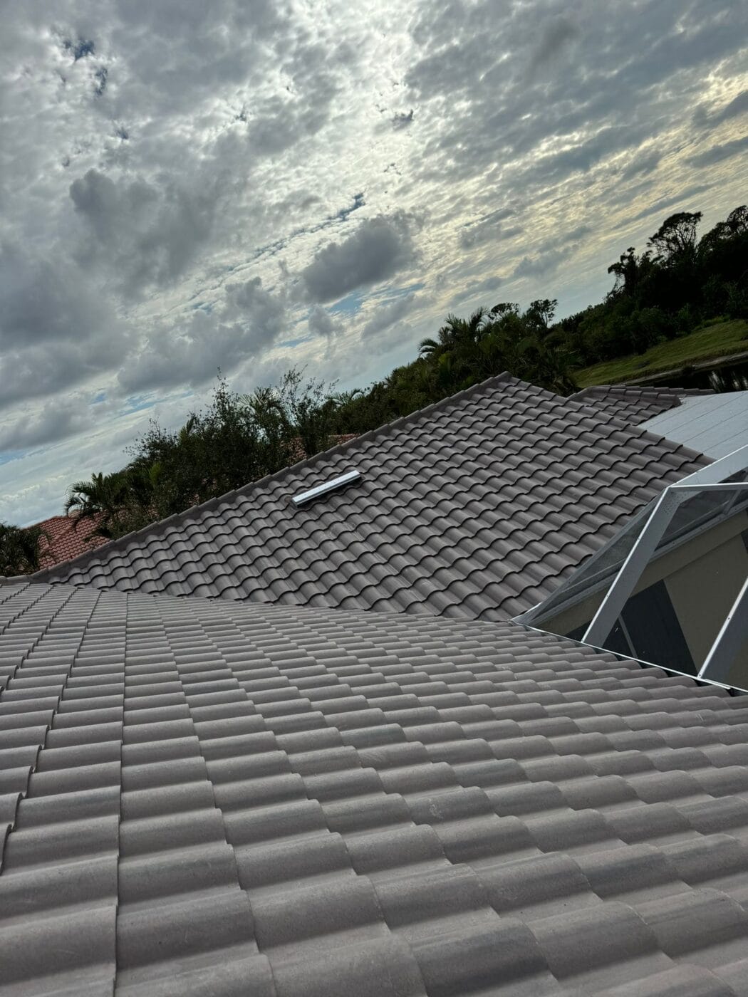 View of gray tiled rooftops under a cloudy sky, with trees and a body of water visible in the background.