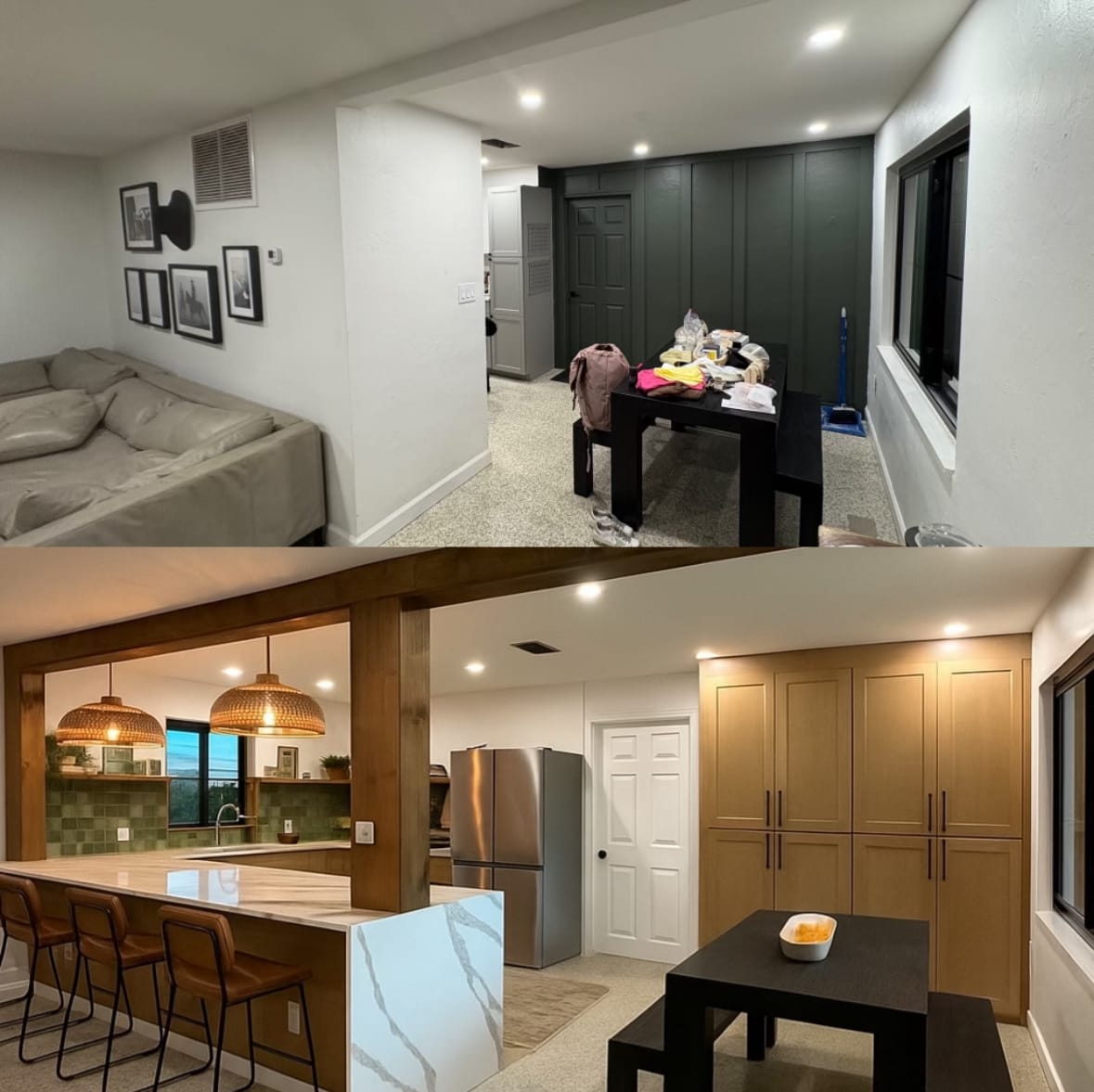 Two photos show a room before and after renovation; the space changes from cluttered and plain to a modern, organized kitchen and dining area with warm lighting and new cabinetry.