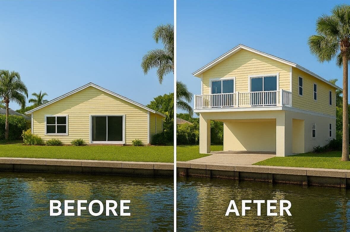 Side-by-side images show a yellow house before renovation as a single story, and after renovation as a two-story with a balcony and carport, next to a canal.