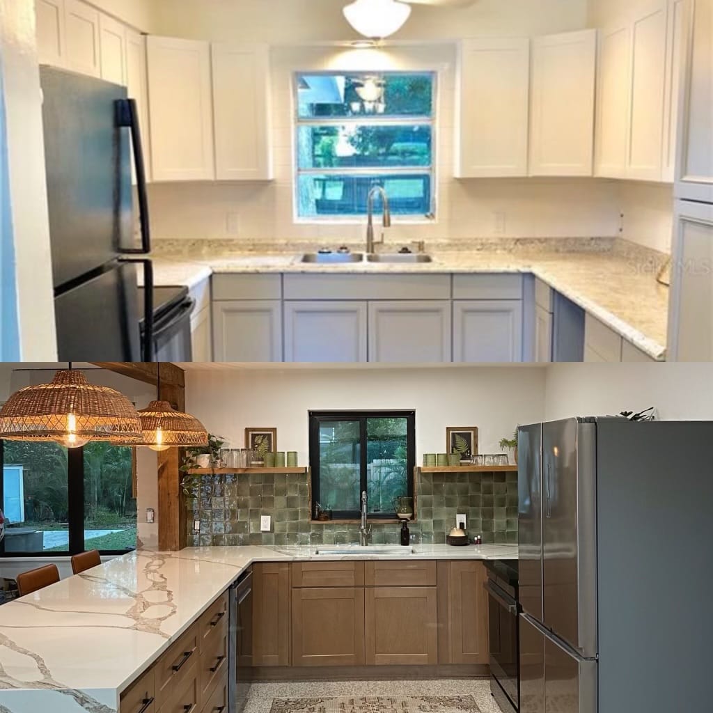 Two side-by-side kitchen remodel photos: the top shows white cabinets and countertops; the bottom shows wood cabinets, green tile backsplash, and modern pendant lighting.